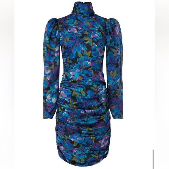 Ronny Kobo Silk Annika Puff Sleeve Dress Blue Floral Jacquard - Picture 5 of 5